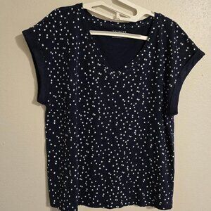 Talbots Navy Blue White Stars V-Neck Linen Cuff Sleeve Tee Shirt Women's Size L